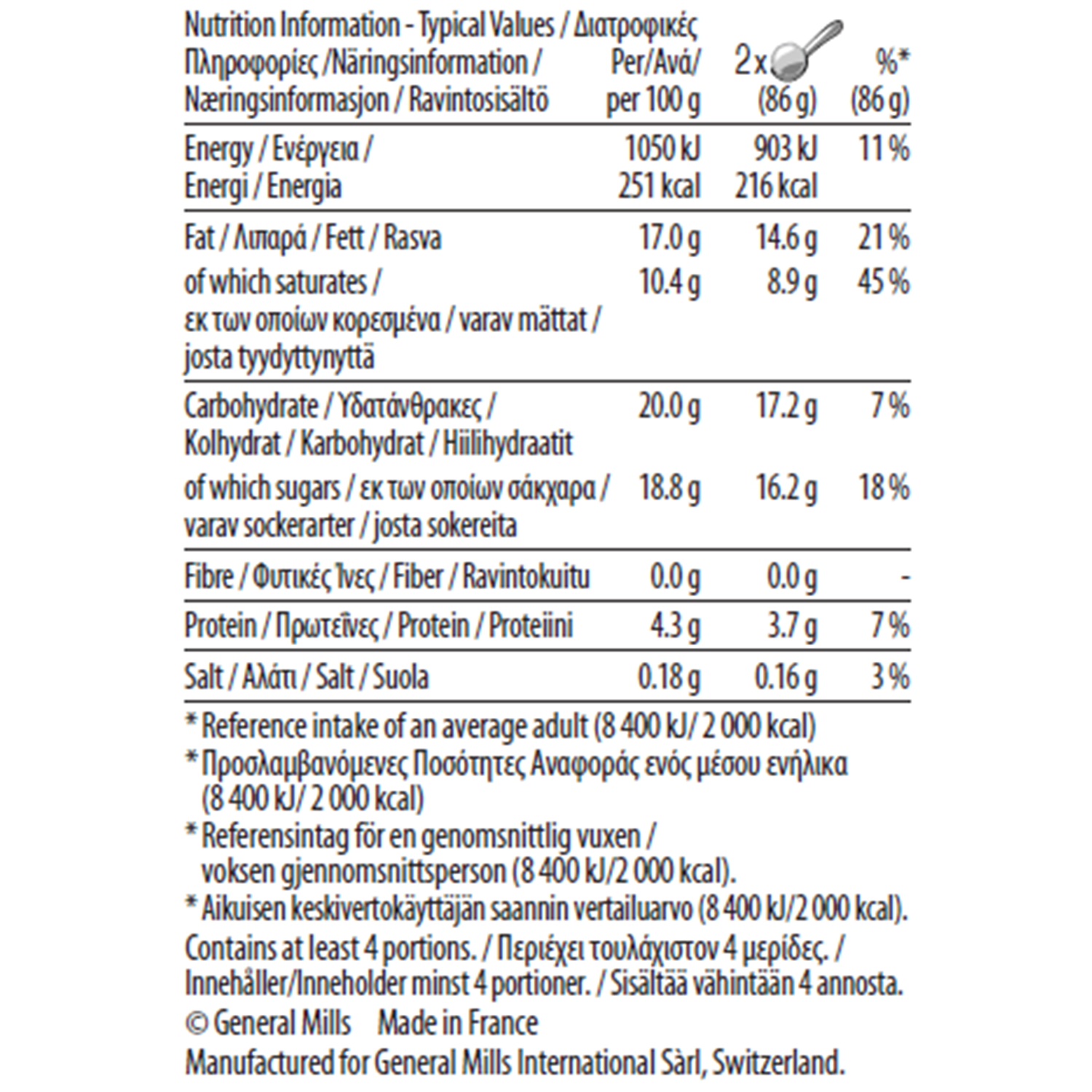 Vanilla Pint nutrition label